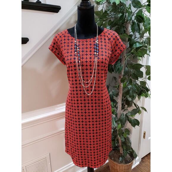 Merona Women Orange & Blue Polyester Round Neck Short Sleeve Knee Length Dress M - Picture 10 of 11